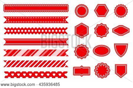 Ribbon Red Corner Bookmark Label Flat Set. Corner Shortcut For Notes. Decorative Flag Needlework Con