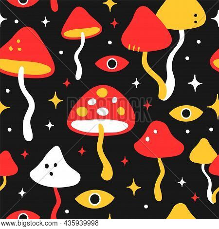 Funny Crazy Psilocybin Magic Mushroom Seamless Pattern.vector Hand Drawn Cartoon Character Illustrat
