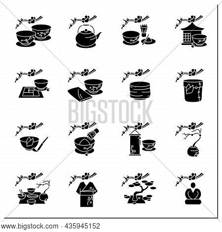 Japanese Tea Ceremony Glyph Icons Set. Japanese Ethnic And National Ritual. Japan Ancient Tradition.