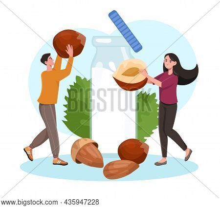 Nut Milk Concept. Man And Woman Prepare Milk From Hazelnuts And Almonds. Healthy Drink Without Lacto