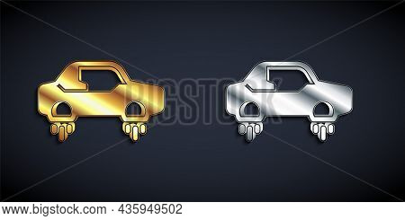 Gold And Silver Fantastic Flying Car Icon Isolated On Black Background. Hover Car Future Technology 