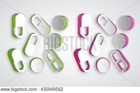 Paper Cut Medical Pill Bottle Biohacking Icon Isolated On Grey Background. Pharmacy Biohacking. Pape