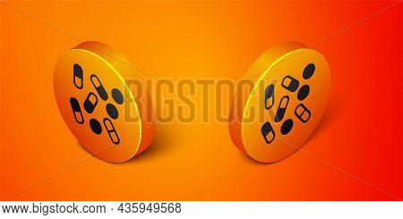 Isometric Medical Pill Bottle Biohacking Icon Isolated On Orange Background. Pharmacy Biohacking. Or
