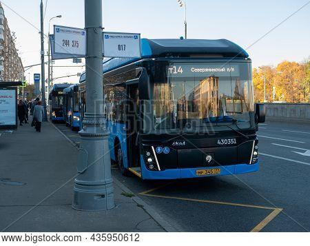Moscow, Russia - October 5, 2021: Buses - Electric Bus Are Waiting For Passengers To Board At A Stop