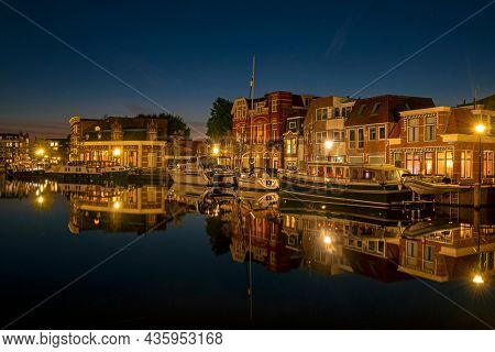 Medieval houses in the historical town Sneek in the Netherlands at night