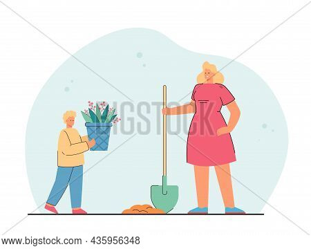 Cartoon Son With Potted Plant And Mother With Shovel. Woman And Boy Planting Flowers In Garden Toget