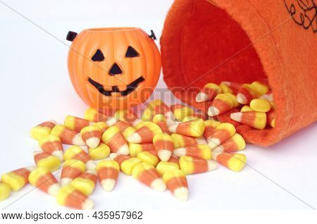 Orange Pumpkin Bag With Halloween Candy Corn With Mini Jack-o-lantern Pumpkin