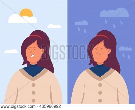 Split Portrait Of Hispanic Woman In Depression And In Good Mood. Bipolar Disorder, Happy Smiling And