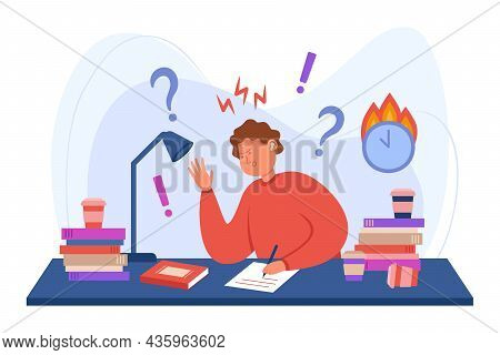 Sad Boy Working All Night Doing Some Hard Assignments, Reading Books And Writing. Adult Student Prep