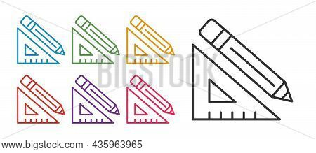 Set Line Triangular Ruler And Pencil Icon Isolated On White Background. Straightedge Symbol. Drawing