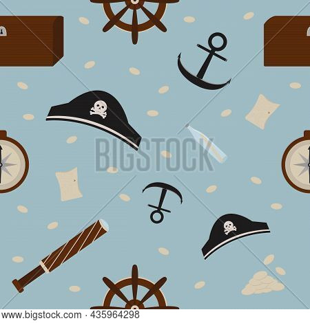 Seamless Pattern With Pirate Hat, Steering Wheel, Spyglass, Coins, Chest, Compass, Anchor And Map