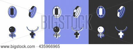 Set Christian Cross On Chain, Gem Stone, Stud Earrings And Diamond Engagement Icon. Vector