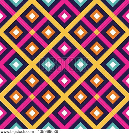 Colorful Stripes And Squares Seamless Vector Geometric Pattern. Vivid Geometry Background Texture.