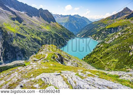 Beautiful Alpine Walley With Azure Blue Water Of Speicher Zillergrundl Dam, Zillertal Alps, Austria