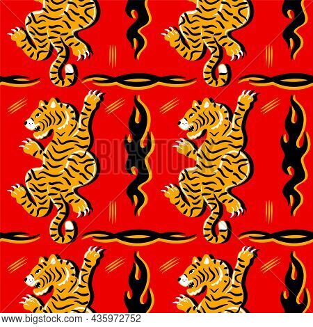 Asian Japanese Tiger And Triabl Abstract Seamless Pattern. Vector Hand Drawn Cartoon Character Illus