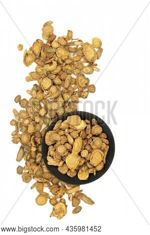 Scutellaria root herb traditional Chinese herbal medicine on white. Also known as skullcap. Huang Qin. Heals dysentery, hypertension, inflammation, insomnia, respiratory infections, diarrhoea.