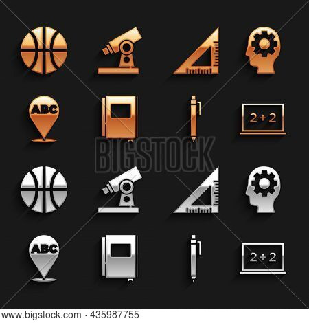 Set Book, Head With Gear Inside, Chalkboard, Pen, Alphabet, Triangular Ruler, Basketball Ball And Mi
