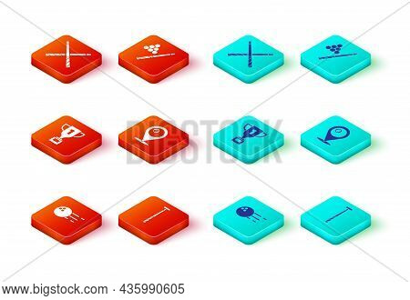 Set Bowling Ball, Billiard Cue, Award Cup, Location With Billiard, And And Crossed Cues Icon. Vector