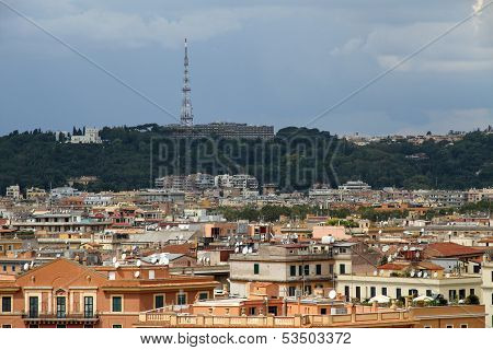 Panorama Of The City Of Rome Seen From Castel San Angelo With The Roofs And Mario Mount