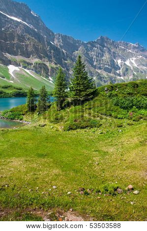 Hiking Around Truebsee Lake In Swiss Alps, Engelberg, Central Switzerland