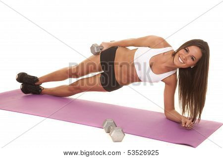Woman White Top Fitness Side Plank Weight