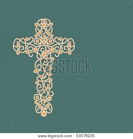 Floral decorated Christian Cross on green abstract background for Merry Christmas celebration. 