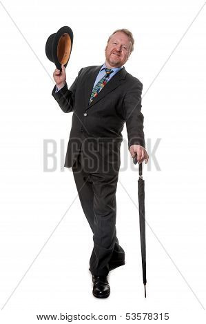 Businessman With Bowler Hat & Brolly - On White