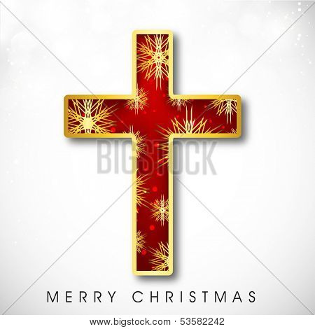 Shiny red and golden Christian Cross on abstract grey background for Merry Christmas celebration background. 