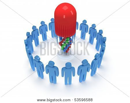 Blue people around pill DNA chain. 3D render.