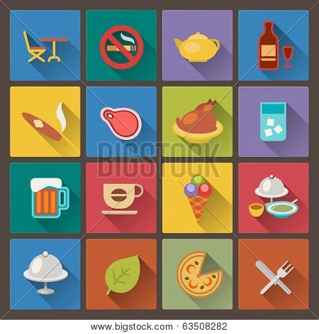 Set Of Food And Alcohol Drink Icons In Flat Design Style
