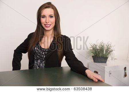 Beautiful Woman Attractive Business Person Sits Across Desk Meeting Consultant