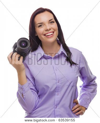 Attractive Mixed Race Young woman With DSLR Camera Isolated on a White Background.