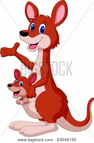 Cartoon red kangaroo carrying a cute Joey