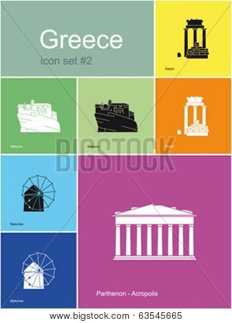 Landmarks of Greece. Set of flat color icons in Metro style. Editable vector illustration.