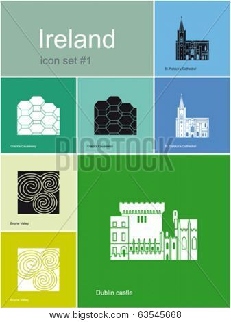 Landmarks of Ireland. Set of flat color icons in Metro style. Editable vector illustration.