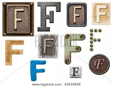 Alphabet made of wood, metal, plasticine. Letter F