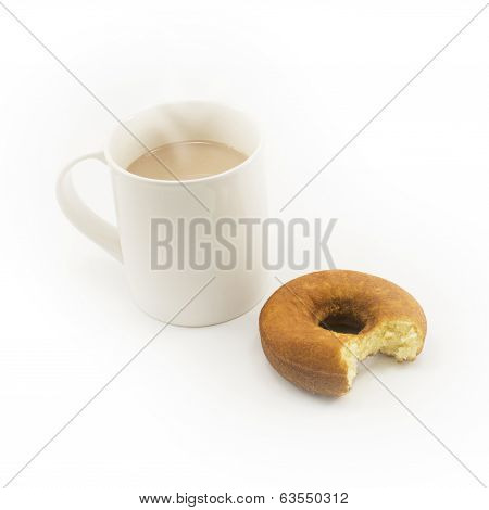 Eaten Donut And Cup Of Hot Chocolate On White Background
