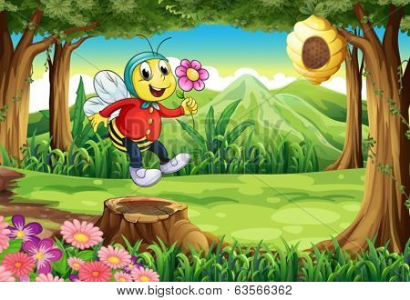 Illustration of a happy bee at the forest