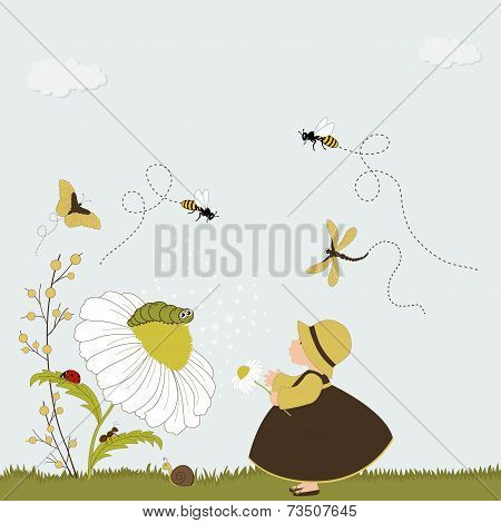 Cute Girl In Garden With Chamomile And Insects