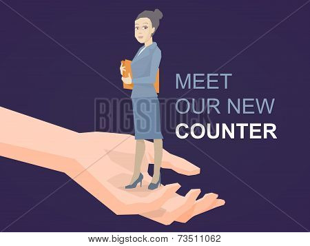 Vector Illustration Portrait Of A Woman Counter Keeps A Folder With Documents In Hands Standing On P