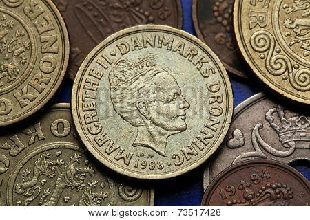 Coins of Denmark. Queen Margrethe II of Denmark depicted in Danish krone coins.