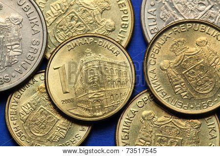 Coins of Serbia. The building of the National Bank of Serbia in Belgrade depicted in Serbian one dinar coin. 