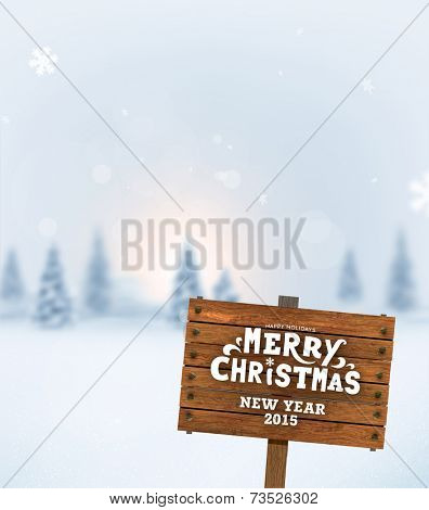 Winter Background. Blurred Landscape with Snow Drifts, Snowfall and Christmas Trees in the distance. Holiday Vector Illustration with Snowflakes, Sky and Xmas Label. Wooden Plaque with Christmas Label