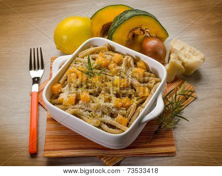 pasta casarecce with pumpkin, lemon peel and parmesan cheese