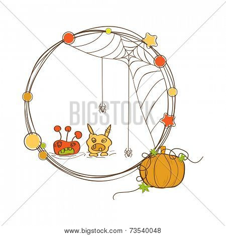 Halloween party celebration with kiddish ghost, pumpkin, star and spider weaving cobweb.  