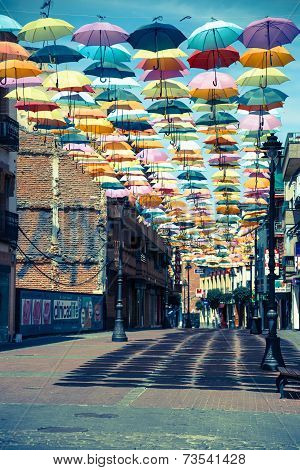 Madrid,Spain 25 July,2014, Street Decorated With Colored Umbrellas