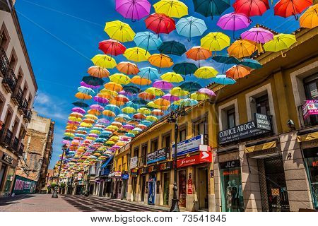 Madrid,Spain 25 July,2014, Street Decorated With Colored Umbrellas
