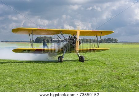 Historical Airplane With Pilot Is Ready To Take Off