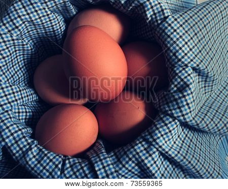 Brown Chicken Eggs On Cloth Background Style Vintege