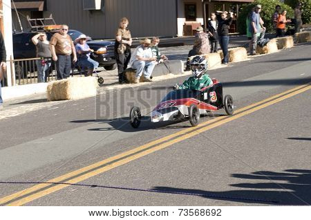 West Point, CA October 4, 2014: Lumberjack day, a typical slice of Americana, a children's soapbox race down Main St, starting the events for the day in this small American Sierra foothills community